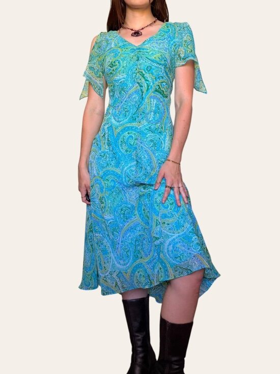 dressbarn Dresses & Skirts - Y2k vintage Dressbarn blue/green paisley chiffon flutter sleeve fairy dress